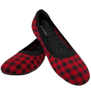 Vivaia Claire Round-Toe Red & Black Checkered Flats; Pre-Owned EUC Size 40.5